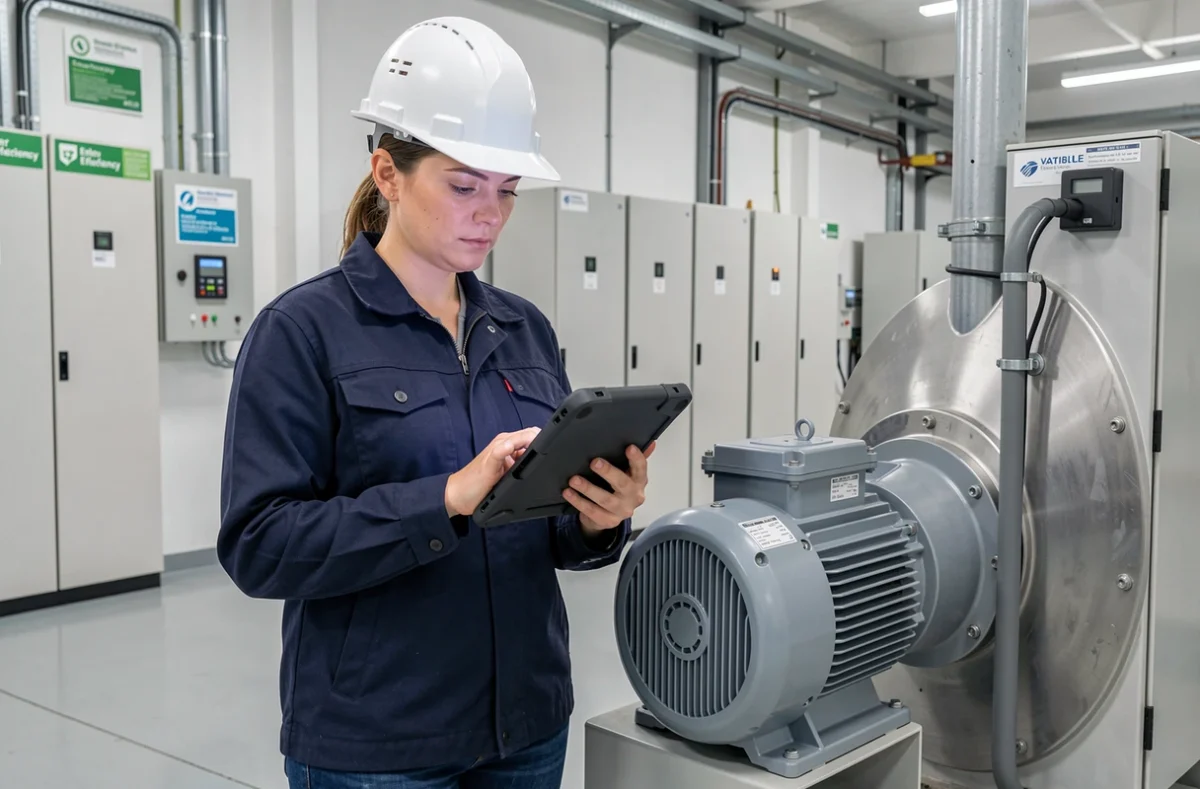 Consultante en efficacité énergétique analysant les performances d'un moteur asynchrone relié à un variateur de fréquence