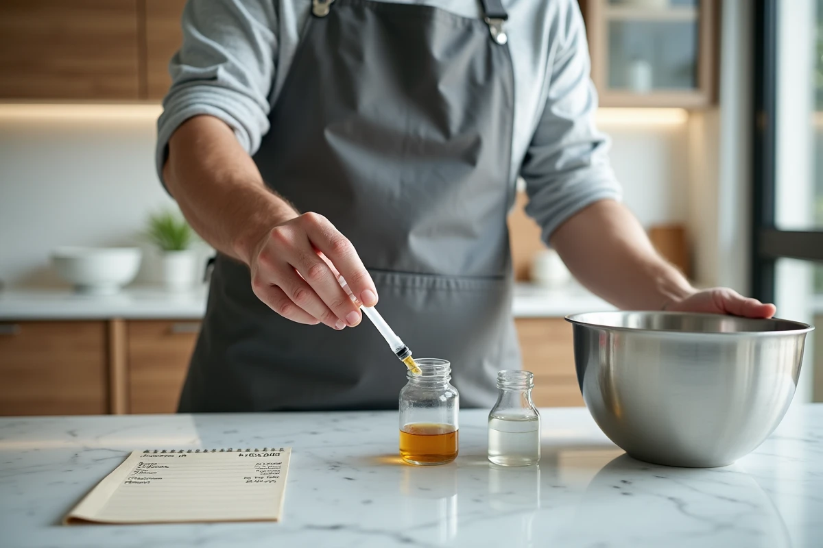 Homme mesurant un liquide avec une seringue de 5ml à côté d'une bouteille de 250ml sur un comptoir de cuisine moderne pour une conversion de millilitres