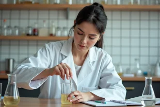 Femme en blouse de laboratoire versant du liquide d'un bécher gradué de 500ml dans un cylindre de 50ml lors d'une conversion de mesure