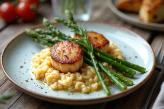 Coquilles seichees avec risotto et asperges vertes