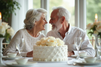 Couple âgé souriant lors d'un anniversaire avec gâteau et fleurs