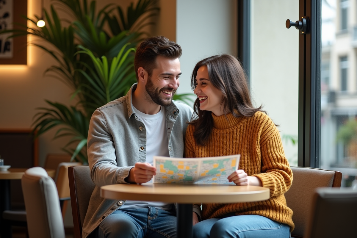 Jeune couple riant dans un salon d