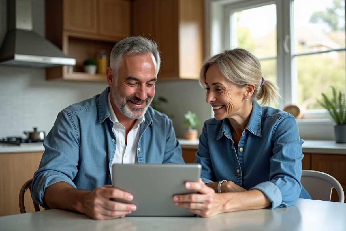 Couple discutant avec une tablette dans leur cuisine chaleureuse