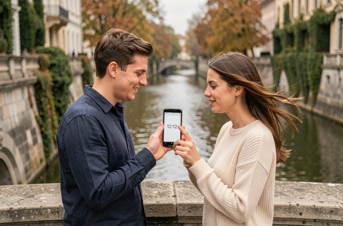Couple découvrant l'heure miroir 12h12 sur un smartphone sur un pont en pierre, moment de connexion amoureuse et de synchronicité
