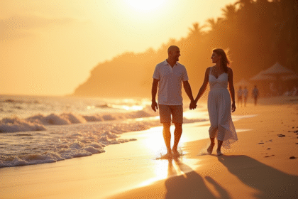 Couple mature main dans la main sur une plage tropicale au coucher du soleil