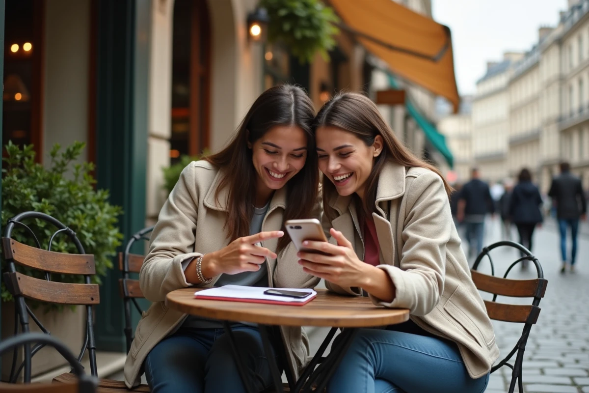 Couple ému partageant la lecture d'un poème d'amour envoyé par texto dans un café parisien en terrasse