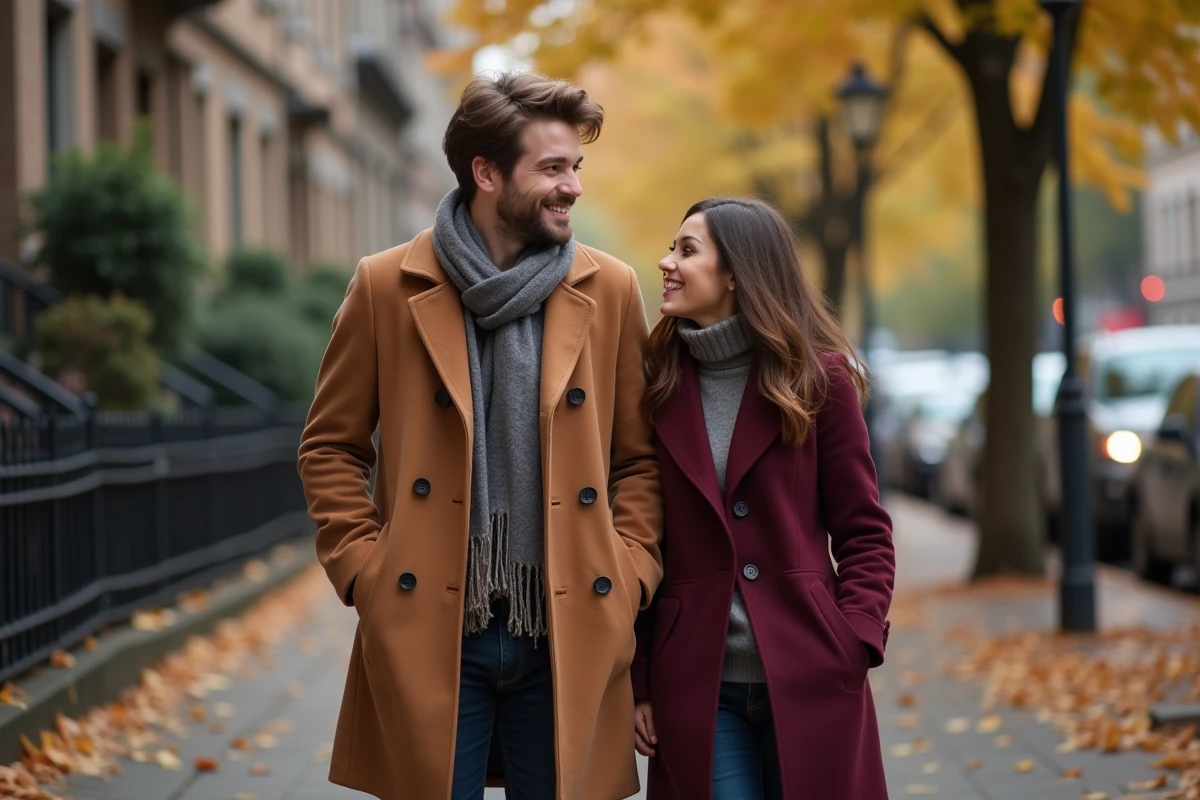 Couple complice se promenant en automne dans une rue parisienne, illustrant la douceur et l'intimité d'une relation amoureuse sérieuse