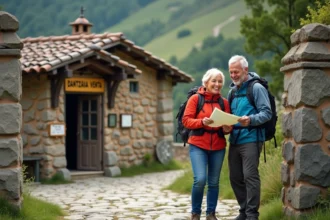 Couple en randonnée devant Dantxaria Venta