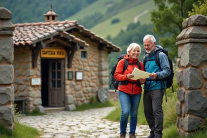 Couple en randonnée devant Dantxaria Venta