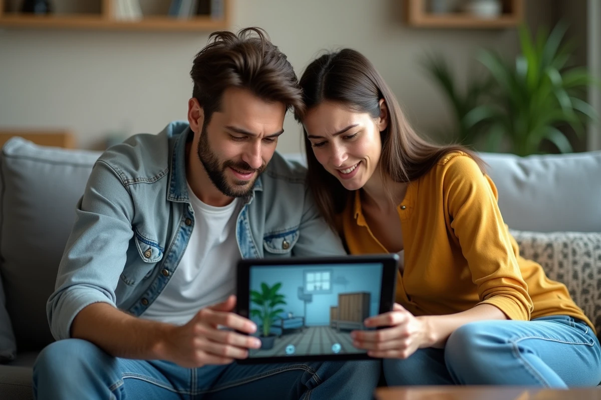 Couple jouant ensemble à Rooms and Exits sur tablette avec aide à la solution