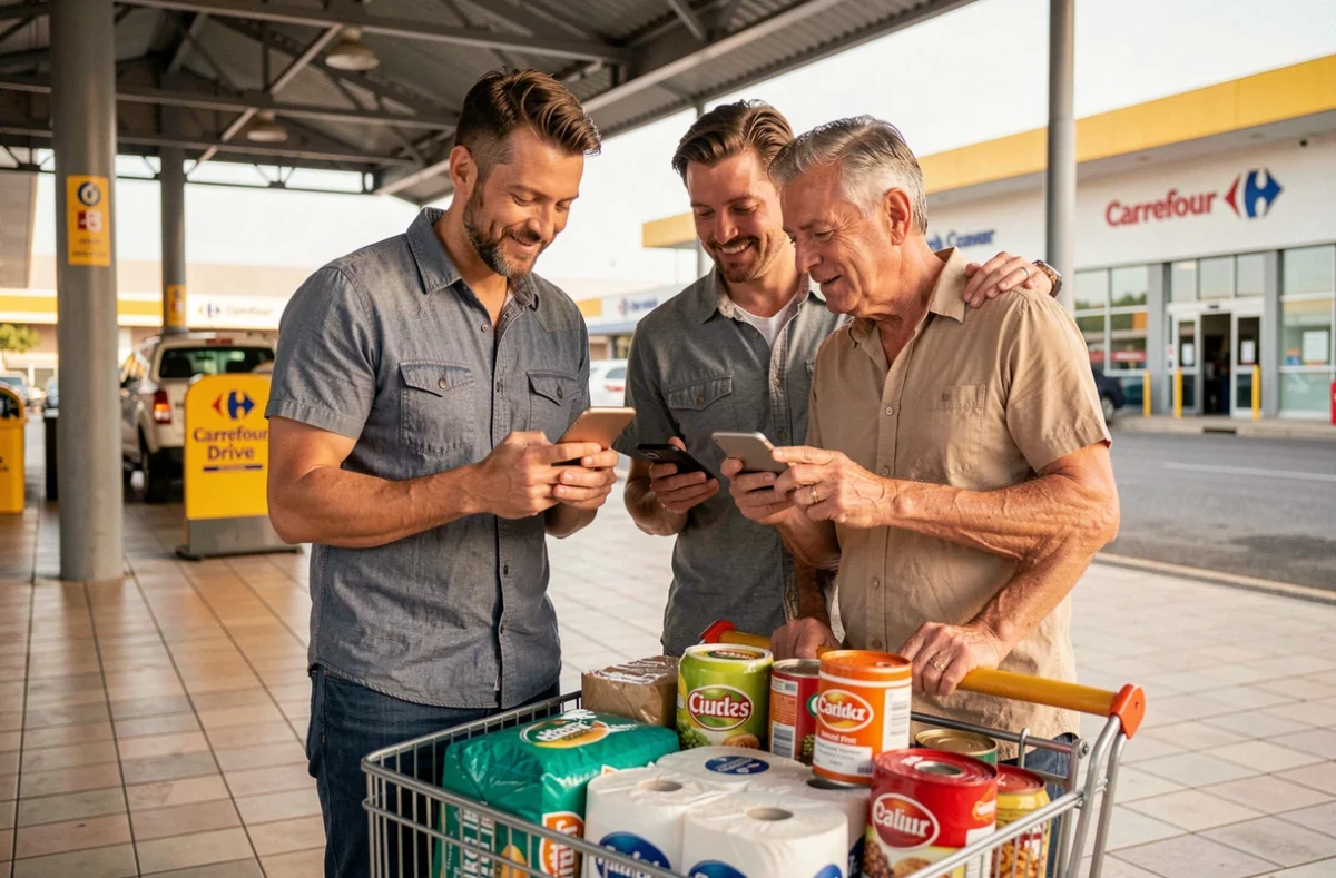 Couple consultant un code promo sur smartphone avec un caddie plein de courses familiales au Carrefour Drive