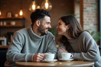 Couple complice dans un café cosy échangeant un sourire affectueux, illustrant la tendresse et les surnoms entre partenaires sérieux