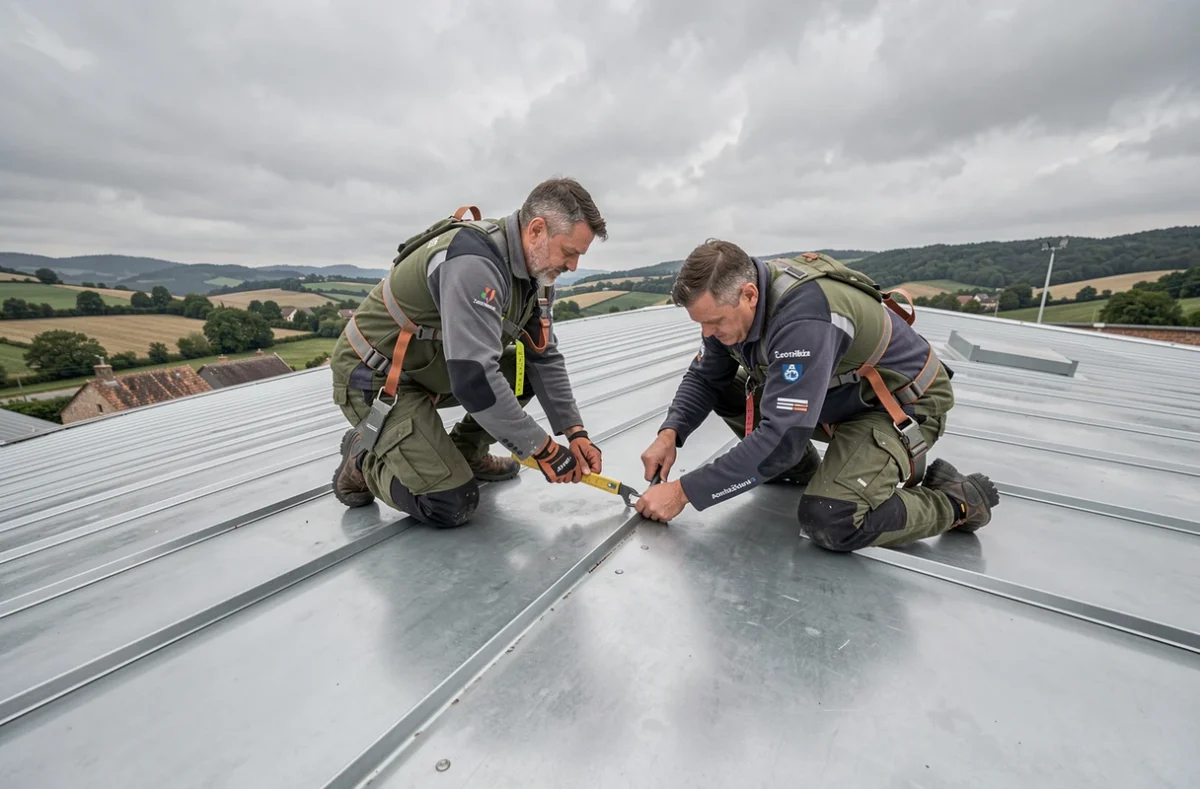 Deux couvreurs de Couvertures Thieyre posant des panneaux de zinc à joint debout sur un bâtiment en Corrèze