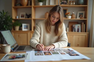 Femme assemblant un calendrier personnalisé 2026 avec des photos imprimées sur un bureau en bois