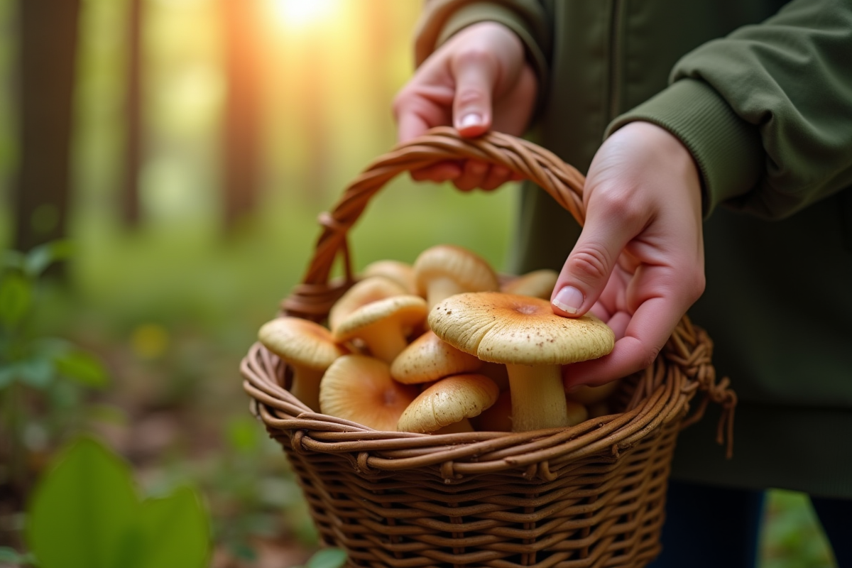 Personne cueillant des chanterelles dans la forêt en journée