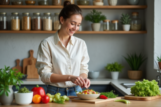 Femme préparant une salade colorée dans une cuisine moderne