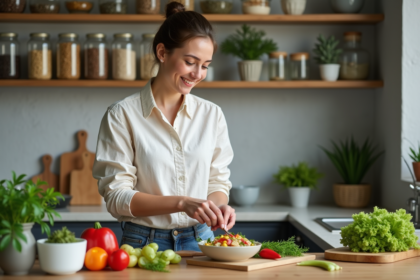 Femme préparant une salade colorée dans une cuisine moderne