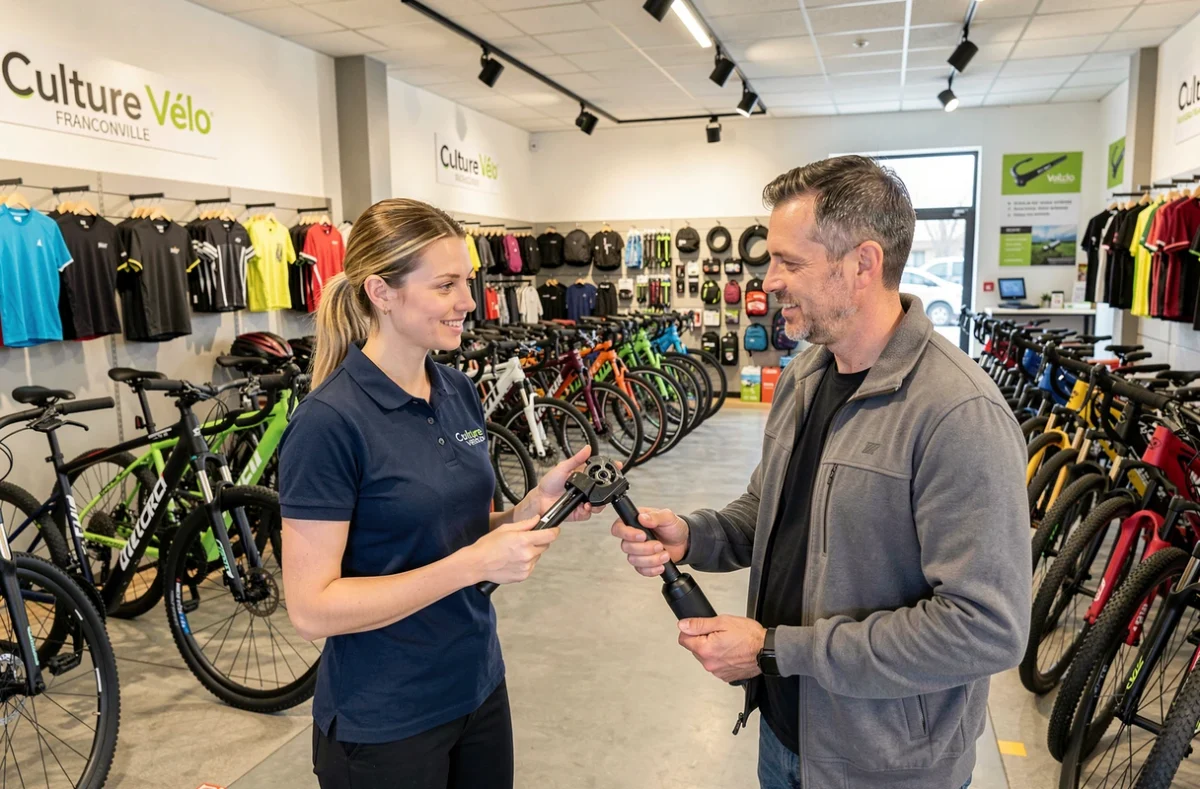 Technicienne Culture Vélo Franconville conseillant un client dans la boutique spécialisée en vélos et réparation