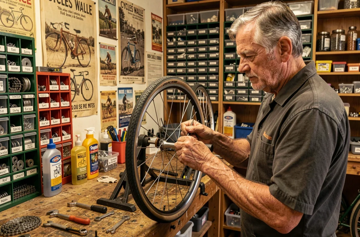 Mécanicien de Cycles Walle centrant une roue de vélo sur un support de centrage dans son atelier indépendant