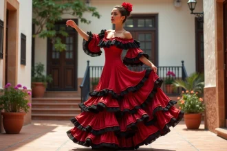 Danseuse de flamenco en robe à volants rouges et noirs en position traditionnelle dans un patio andalou