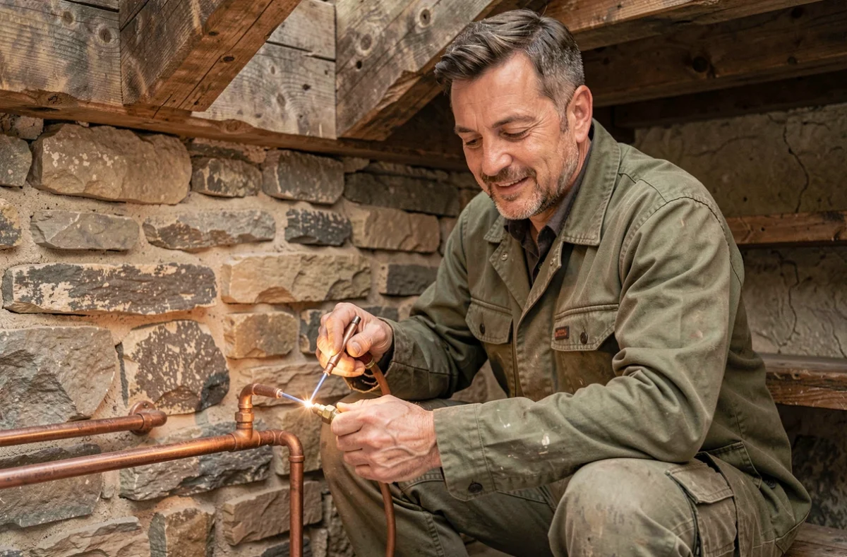 Artisan plombier indépendant David Bernard soude un raccord en cuivre dans une maison ancienne