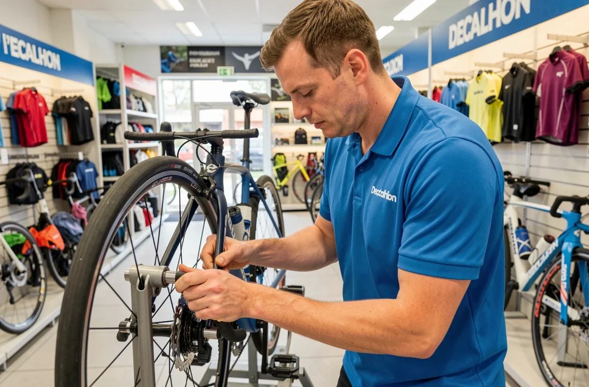 Technicien Decathlon L'Isle-Adam gonflant les pneus d'un vélo de route dans l'espace atelier du magasin