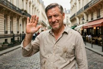 Homme au comportement goujat dans une rue parisienne, geste condescendant et attitude arrogante illustrant le terme goujat