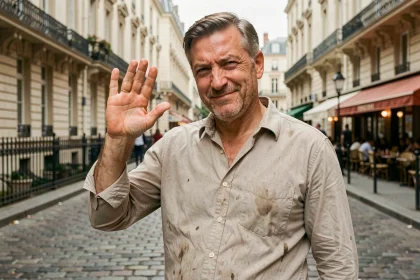Homme au comportement goujat dans une rue parisienne, geste condescendant et attitude arrogante illustrant le terme goujat
