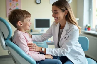 Dentiste pediatrique belge avec un enfant souriant dans un cabinet