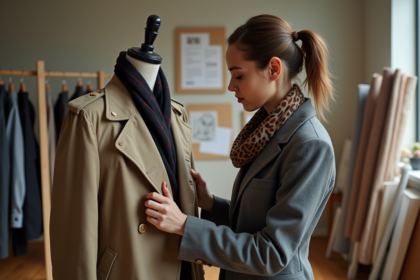 Jeune styliste ajustant un trench dans son atelier créatif