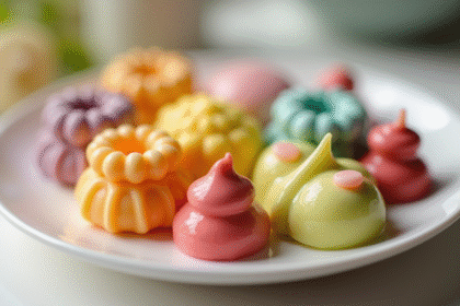 Desserts en marzipan colorés en formes créatives sur une assiette