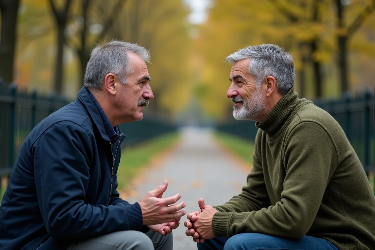 Deux hommes engagés dans une conversation authentique sur un banc de parc en automne, illustrant l'écoute active et la communication verbale native