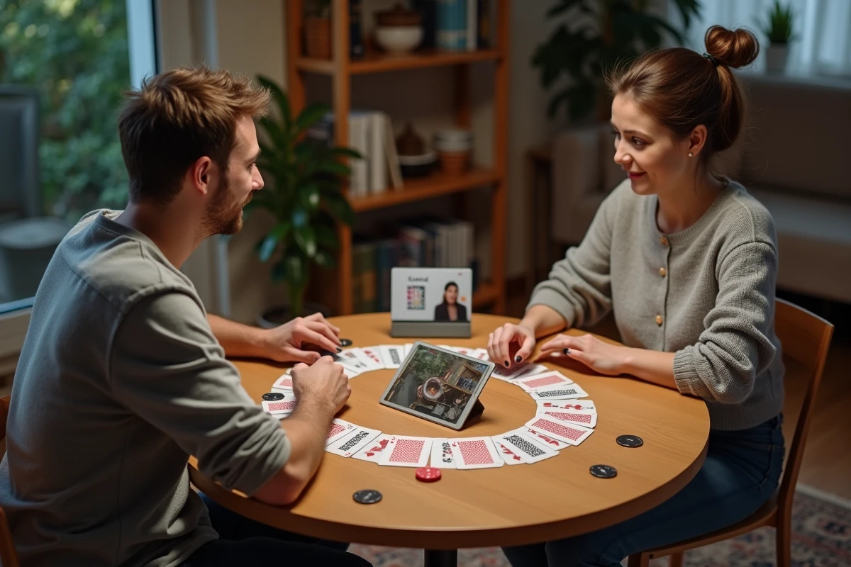 Deux joueurs filmant leur partie de belote à deux avec une tablette posée sur une table dans un salon