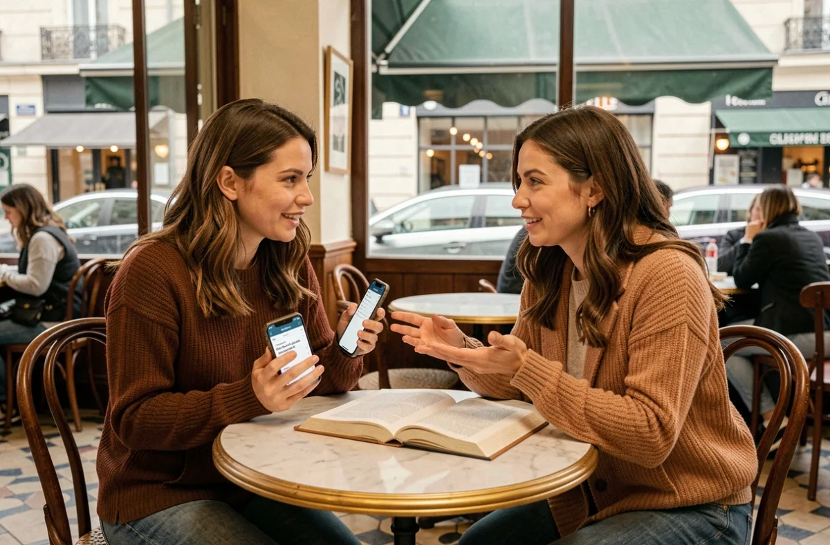 Deux femmes discutant d'une question de grammaire française autour d'un guide linguistique dans un café parisien