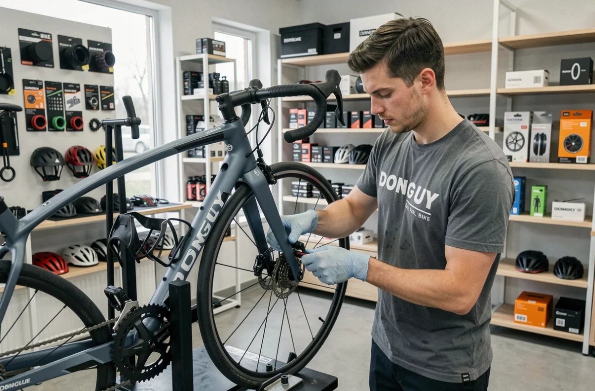 Mécanicien Donguy Bike remplaçant la chaîne d'un vélo de route dans l'atelier moderne de la boutique