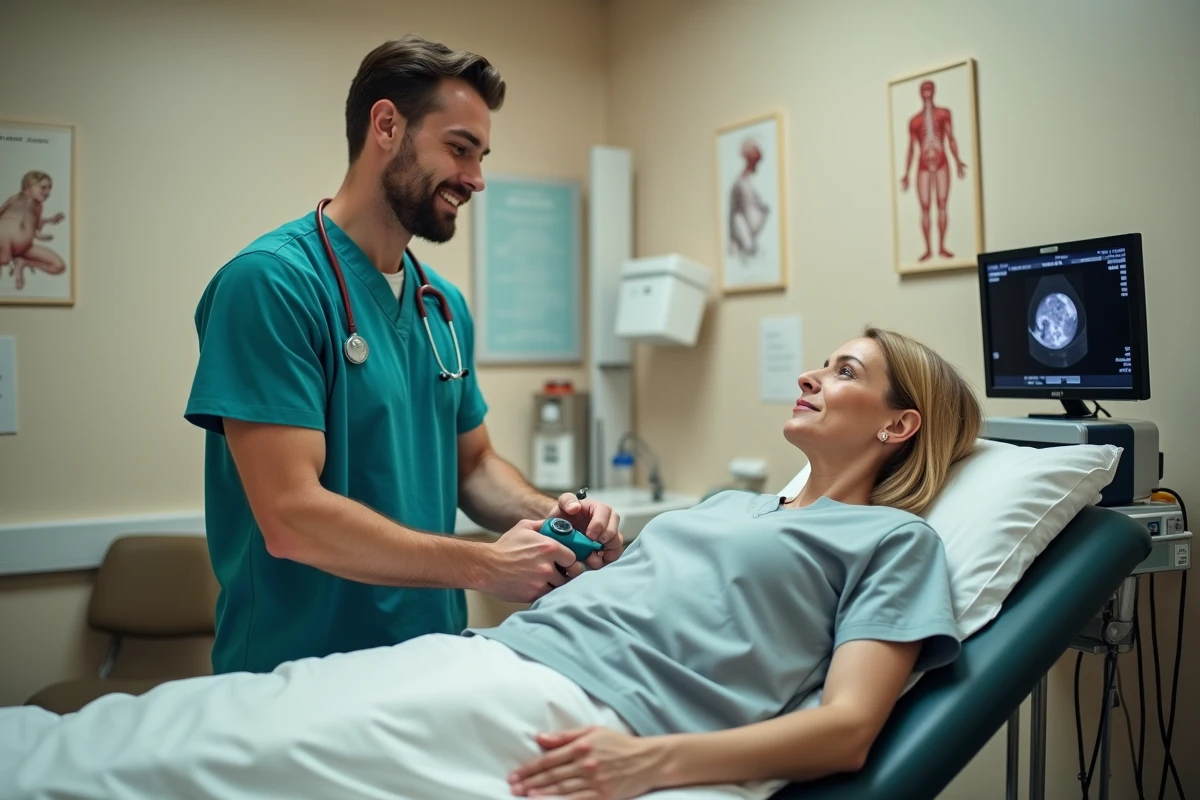 Échographiste réalisant une échographie abdominale sur une patiente dans une salle de consultation médicale