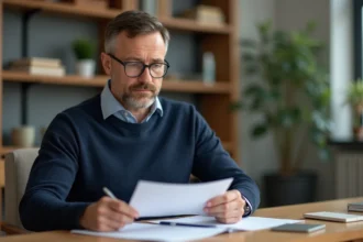 Professeur homme en bureau scolaire examine des documents