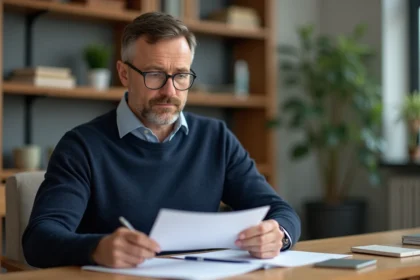 Professeur homme en bureau scolaire examine des documents