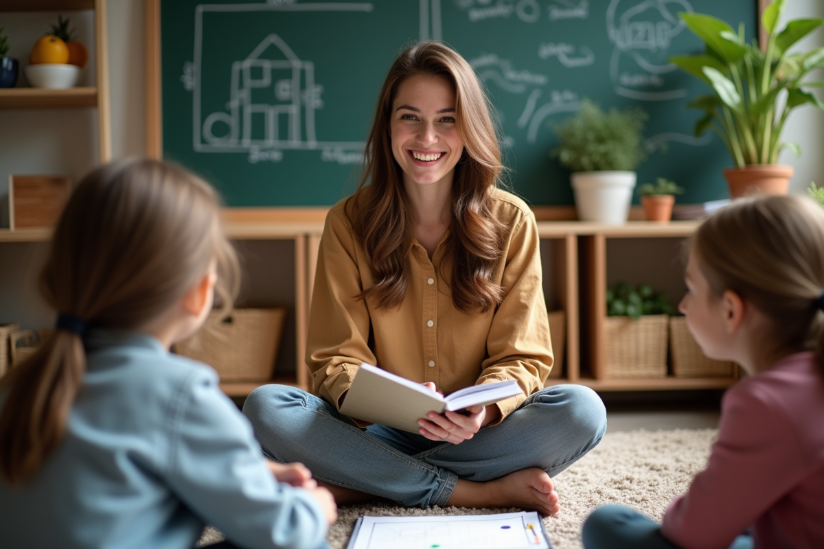 Enseignante écoute des élèves partageant leurs idées en classe