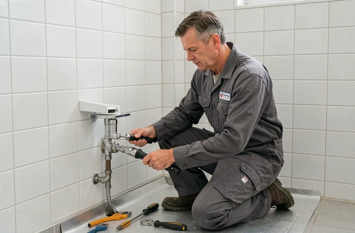 Plombier de l'Entreprise Pugeaut remplaçant un mécanisme de chasse d'eau dans des sanitaires commerciaux