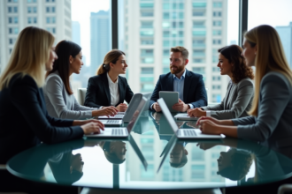Groupe de professionnels en réunion avec table digitale