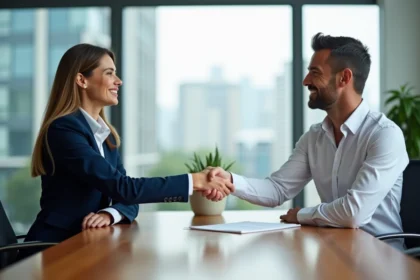 Deux professionnels se serrant la main dans une salle moderne