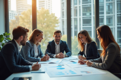 Groupe de professionnels discutant de salaires en réunion lumineuse