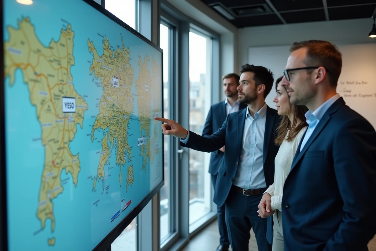 Équipe de l'INSEE en réunion autour d'une carte interactive des données économiques régionales de France