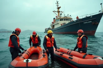 Équipe de sauveteurs maritimes préparant des inflables en mer