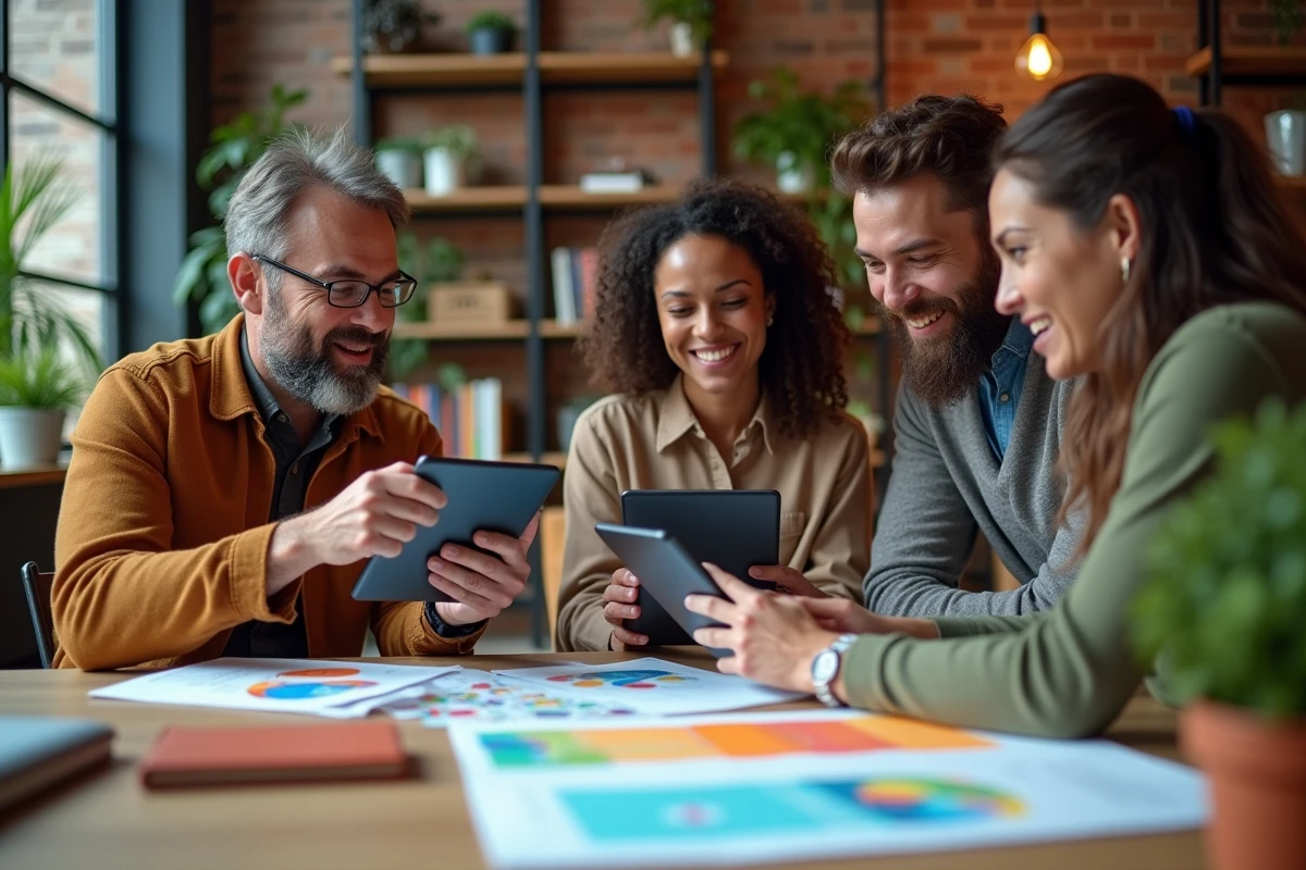 Groupe de quatre créatifs discutant autour d un bureau ouvert