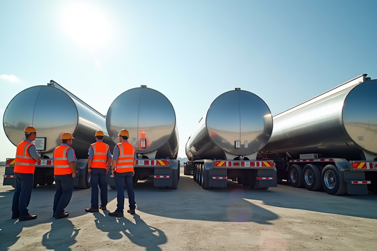 Ingénieurs et conducteur discutant avec citernes en construction