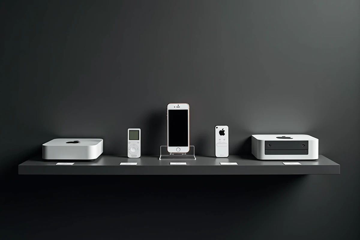 Étagère de collection Apple avec iPhone premier modèle encadré par des appareils iconiques des années 2000 sur mur anthracite