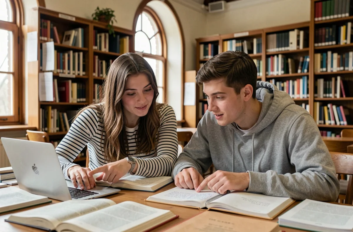 Deux étudiants universitaires travaillant ensemble sur un ordinateur portable dans une bibliothèque, consultant des notes sur la grammaire et l'orthographe française