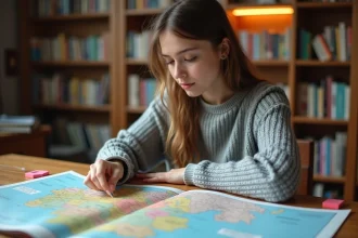 Jeune femme étudiant une carte de l'Allemagne avec des aide-mémoires colorés sur un bureau en bois